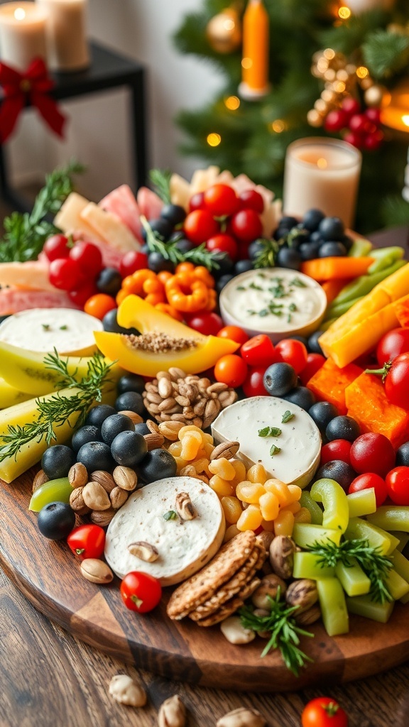 A vibrant vegan charcuterie board with fruits, vegetables, vegan cheeses, and nuts, set in a festive holiday environment.